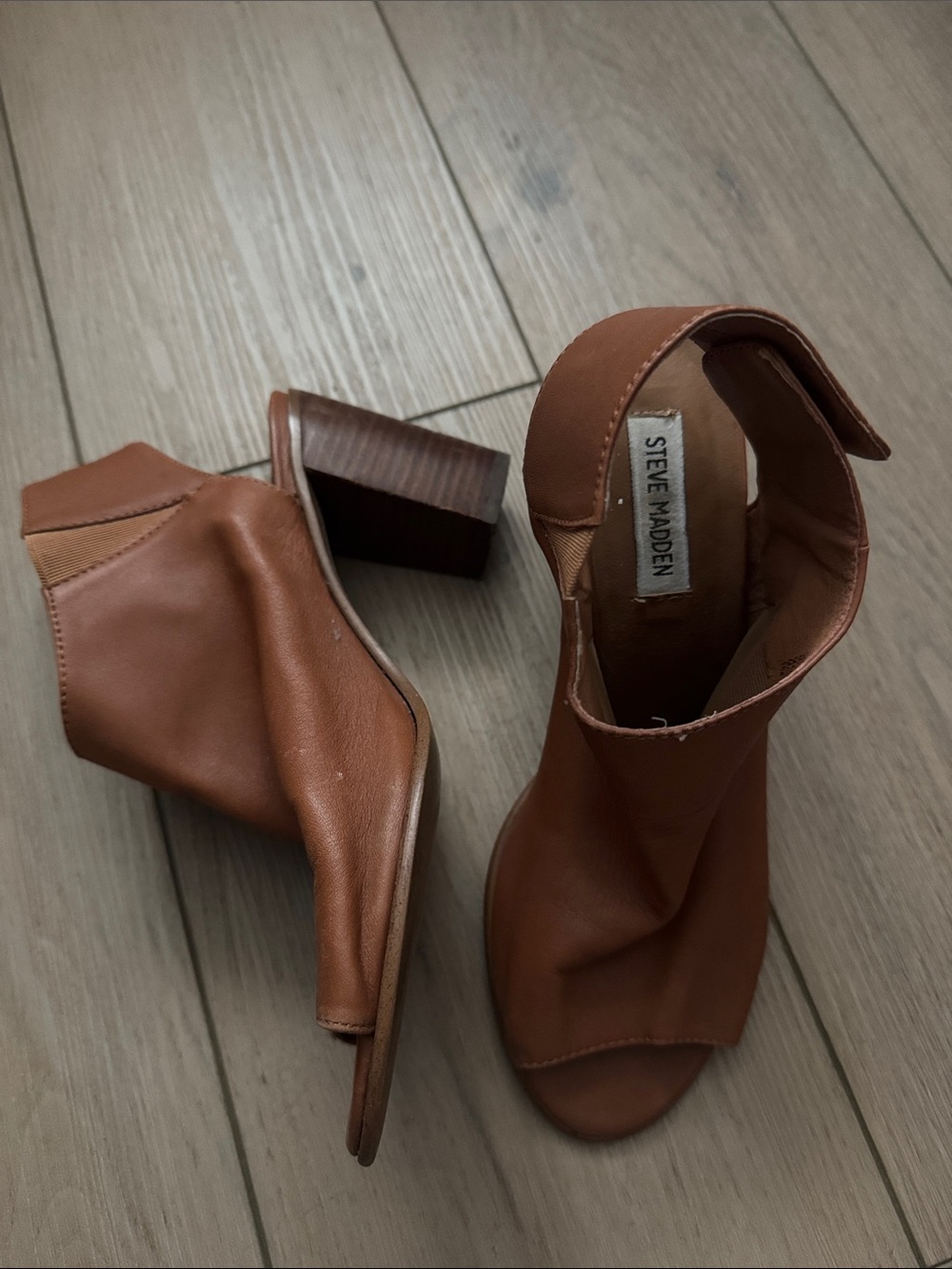 Steve Madden Brown Leather Open-Toe Block Heel Booties